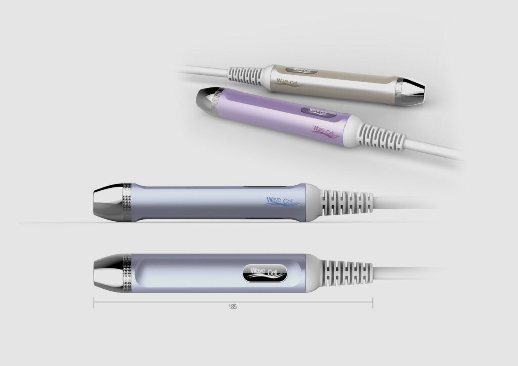 의료기기·뷰티디바이스 디자인 전문기업 위디자인 제품 – 초음파 스킨케어 핸드피스, 인체공학적 설계와 고급 알루미늄 소재 적용