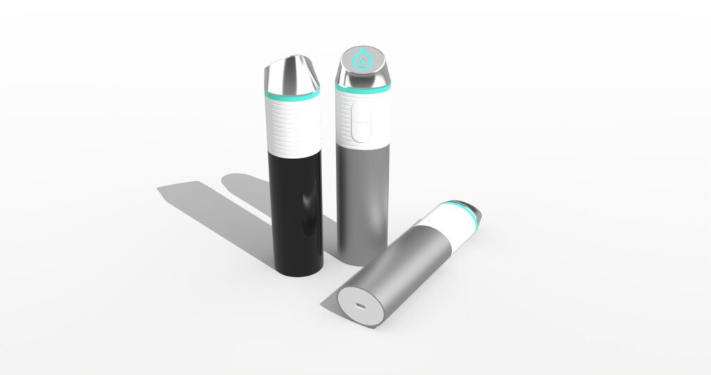 프리미엄 홈 뷰티 디바이스 제품 렌더링. 실버 아노다이징 바디에 화이트 그립부, 아쿠아 민트색 앰비언트 라이팅이 적용된 핸디형 피부 미용 기기 세 개가 흰색 배경 위에 놓여 있음. 두 개는 세워져 있고 하나는 측면이 보이도록 누워 있으며, 물방울 모양의 전극부와 C타입 충전 포트 부분이 강조됨.