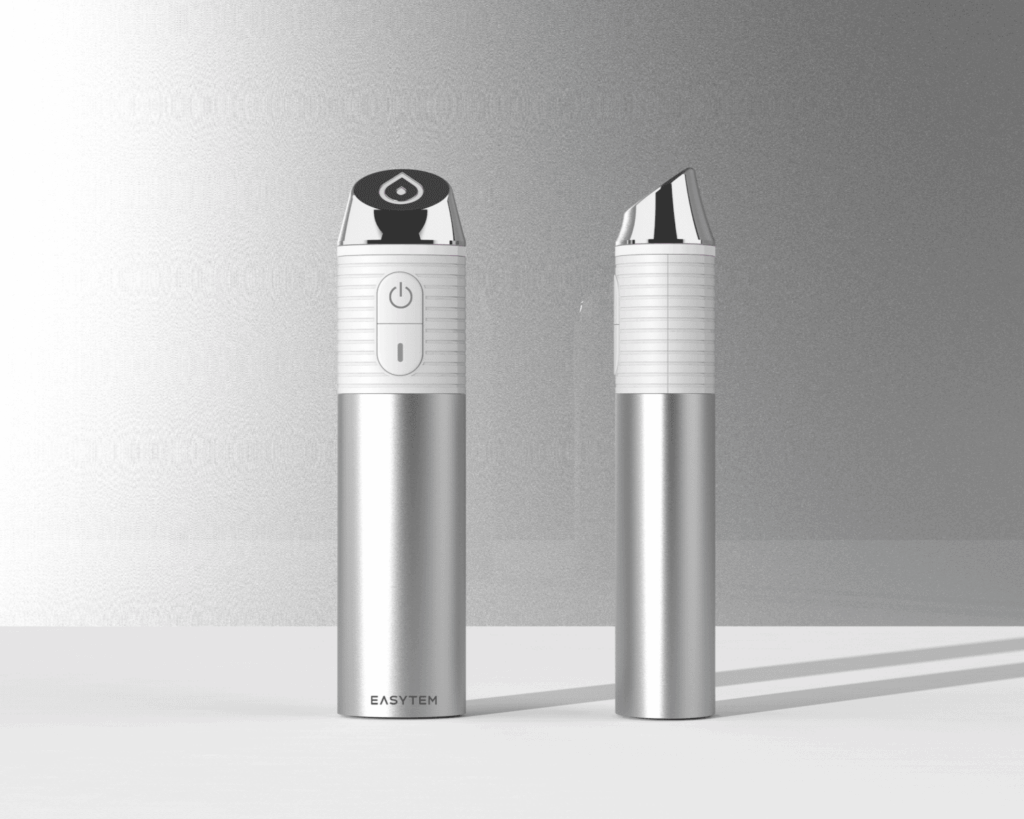 메탈릭 실버 뷰티디바이스 제품디자인. 핑크 LED를 적용한 피부미용기기 산업디자인전문회사 작업물.