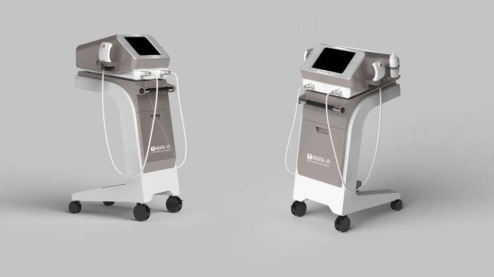 위디자인이 수행한 체외충격파치료기(ESWT) 의료기기 디자인 프로젝트. 인체공학적 핸들과 이동이 편리한 카트형 구조.