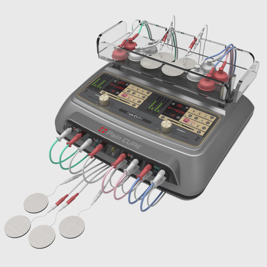 Multi-channel physical therapy medical device with electrode pads, cables, and control panel — designed for pain relief treatment