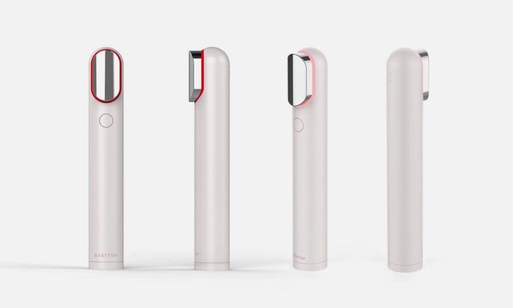 스틱형 뷰티 디바이스의 4가지 각도 렌더링. 전면, 측면, 후면 디자인을 한눈에 보여주는 이미지.