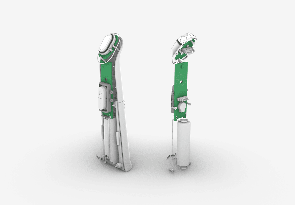 제품디자인 포트폴리오, 뷰티 디바이스 기구설계, PCB 및 내부 부품 배치 3D 렌더링, 미니멀 디자인