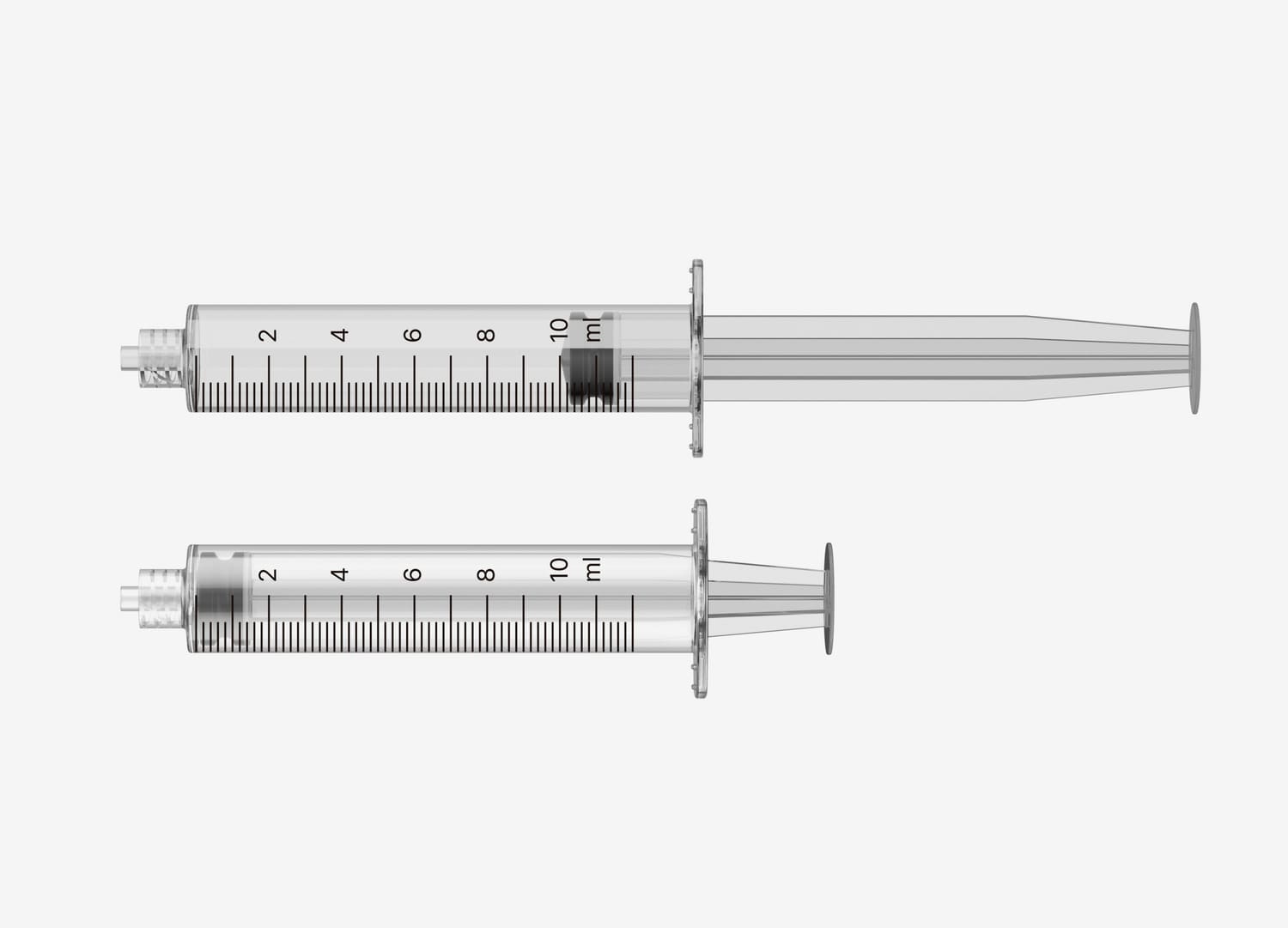주사기 실린더(배럴)와 플런저 3D 렌더링 (10ml 용량)