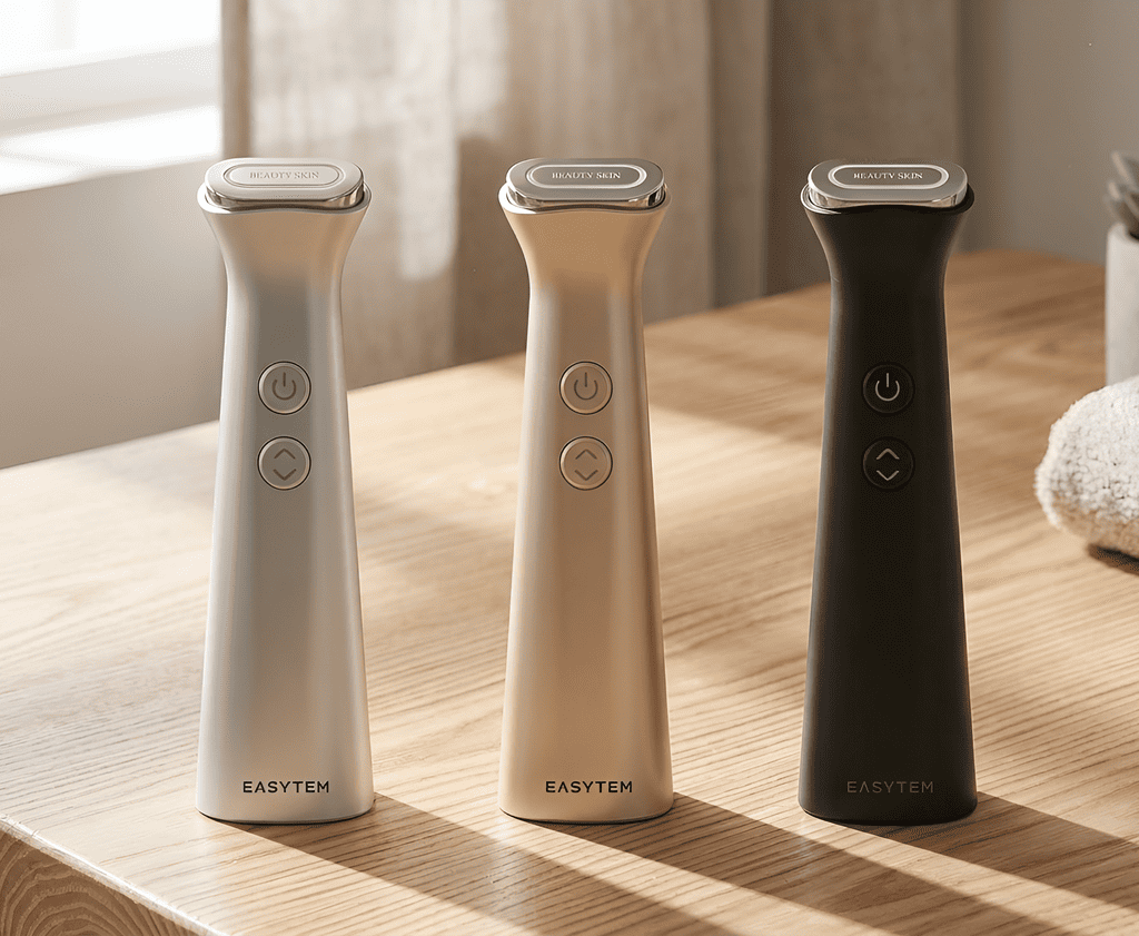 위디자인 포트폴리오 결과물 - 원목 테이블 위 자연광을 받으며 나란히 세워져 있는 이지템 프리미엄 뷰티 디바이스 실버, 골드, 블랙 3종 세트