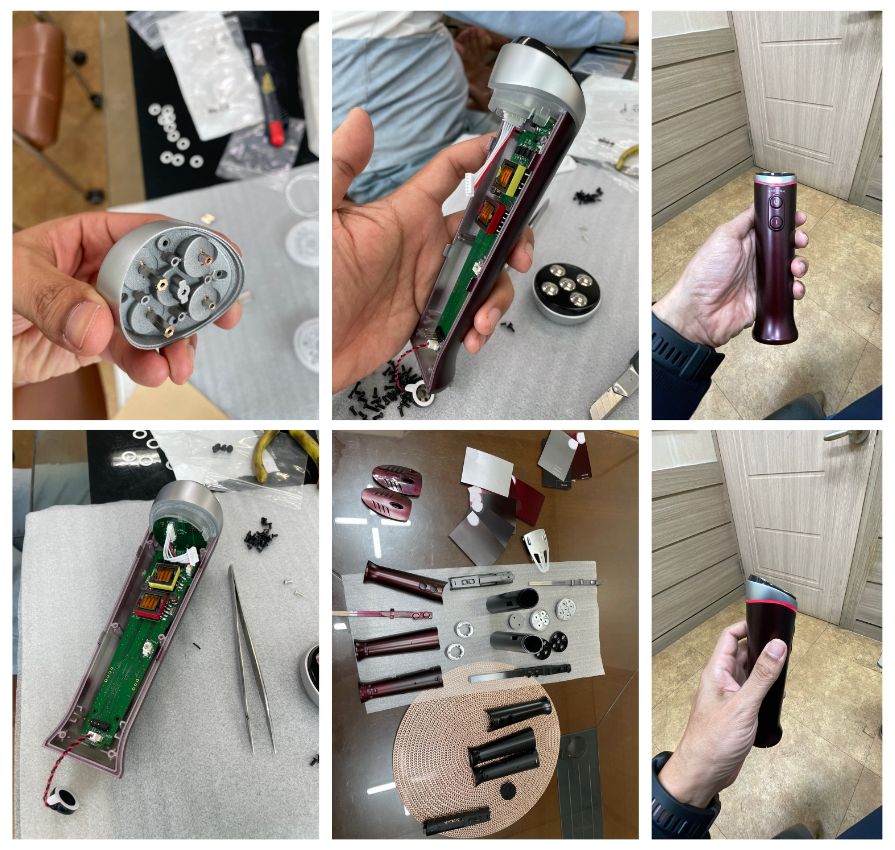 위디자인이 진행한 홈 뷰티 의료기기의 내부 회로 조립 및 기구 형합성 검증을 위한 워킹목업 공정.