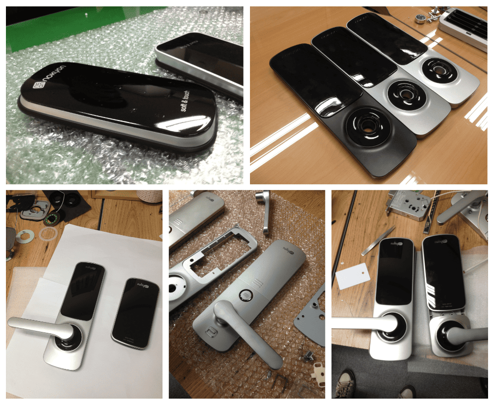 시제품 제작 사례: 위디자인이 CNC 가공 및 정밀 목업 공정으로 제작한 고품질 디지털 도어락 디자인 및 워킹목업 과정.