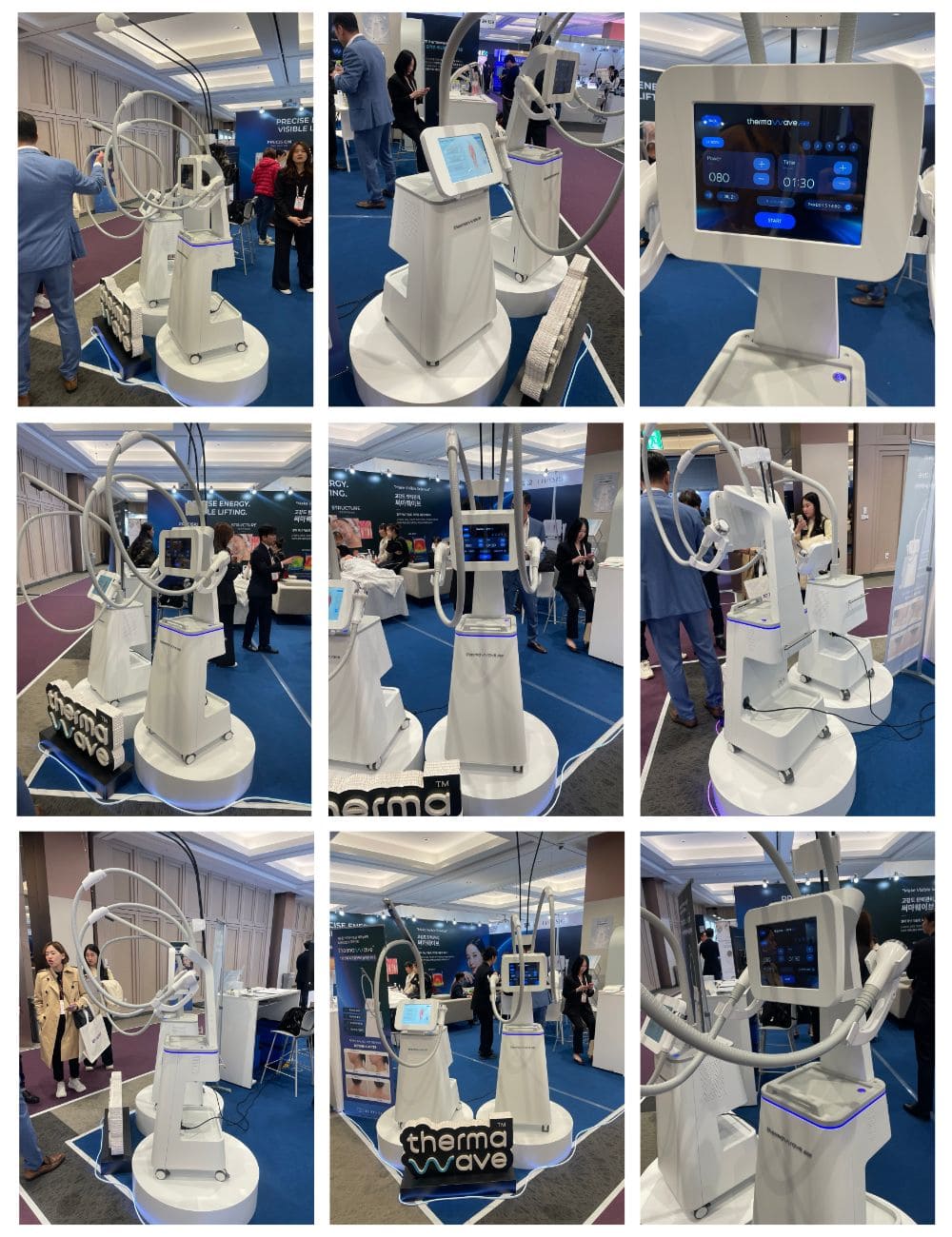 KIMES 2026 키메스 KIMES 2026 키메스 전시회에 설치된 엘피지오(LPGIO)의 흰색 유선형 프리미엄 리프팅 기기 '테르마웨이브(ThermaWave)' 여러 대의 다양한 각도 사진 모음. 대형 화면, 복잡한 케이블이 연결된 헤드, 안정적인 베이스가 강조된 제품 디자인.
