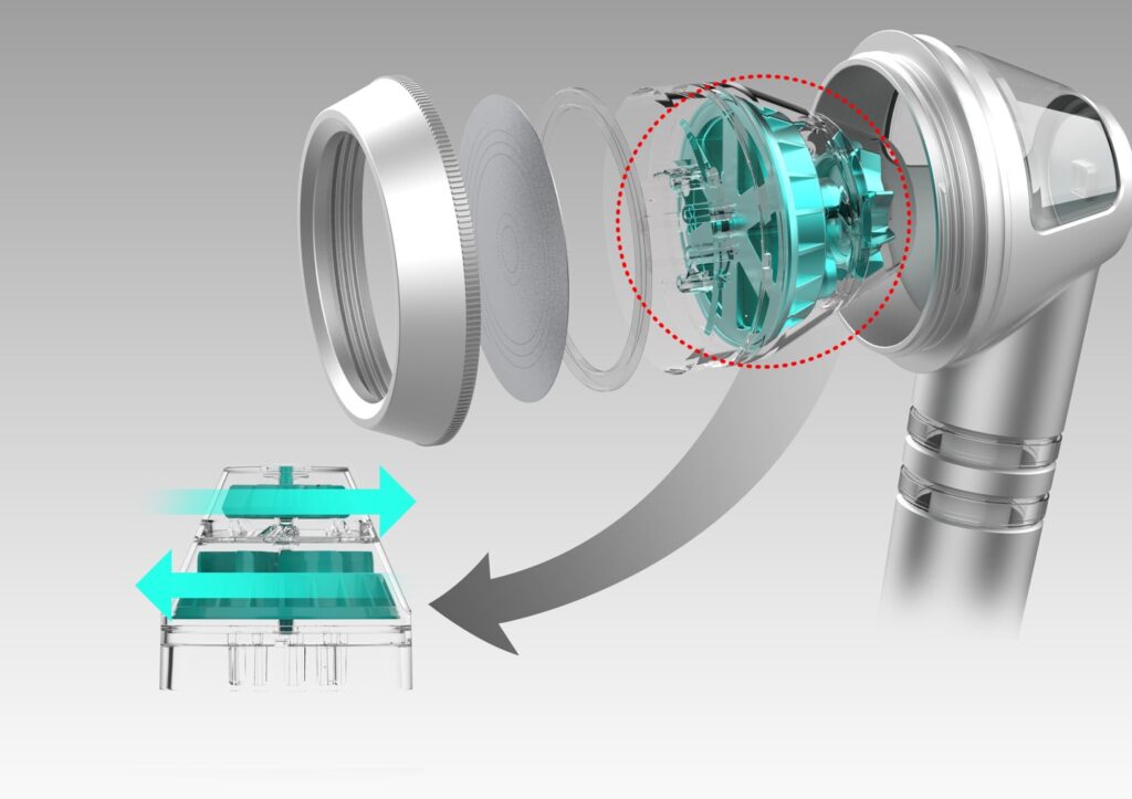 프리미엄 필터 샤워기 헤드 내부의 미세 살수판과 회전하는 터빈 구조 3D 모델링 렌더링 이미지