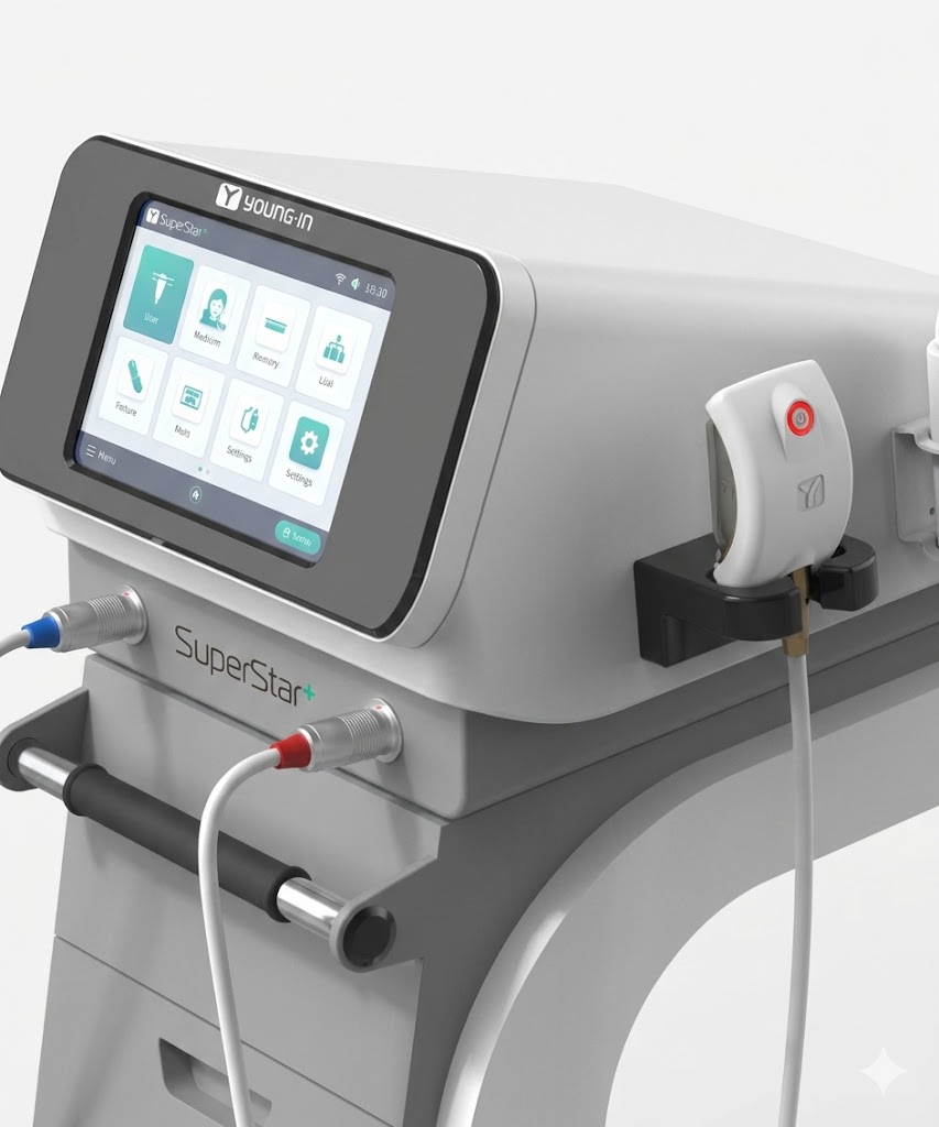 영인(Young-in)의 SuperStar+ 의료기기 판금 디자인 3D 렌더링. 대형 디스플레이, 핸드피스 거치대, 그리고 이동형 카트 구조가 포함된 화이트와 그레이 톤의 정밀 설계 이미지.