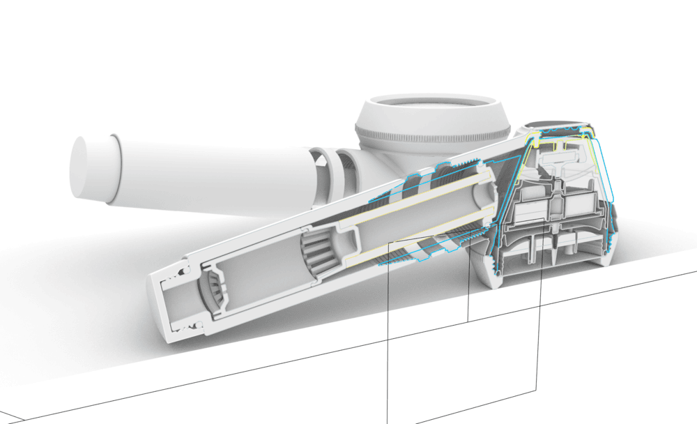 3D설계 위디자인에서 설계한 필터 샤워기의 정밀 3D CAD 단면도. 내부 구조, 부품 간 간섭 및 조립 공차를 치밀하게 계산한 공학적 설계 데이터입니다.