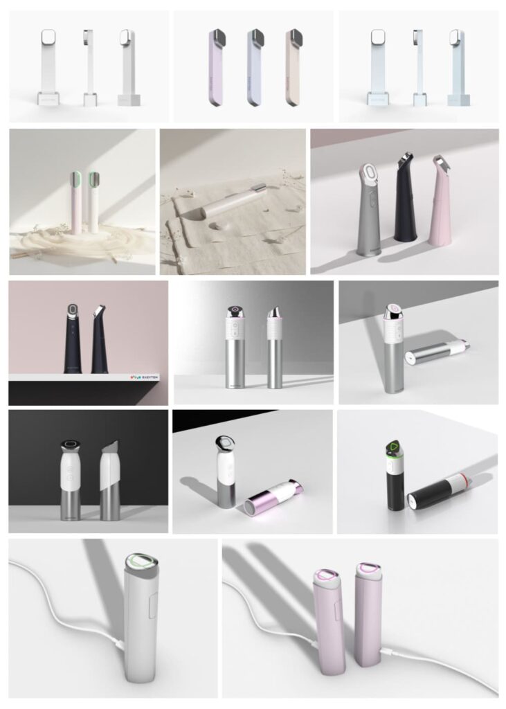 뷰티 디바이스 디자인 - 파스텔 톤과 메탈릭 소재가 적용된 인체공학적 피부 미용 기기 렌더링 이미지 모음 및 CMF 제안