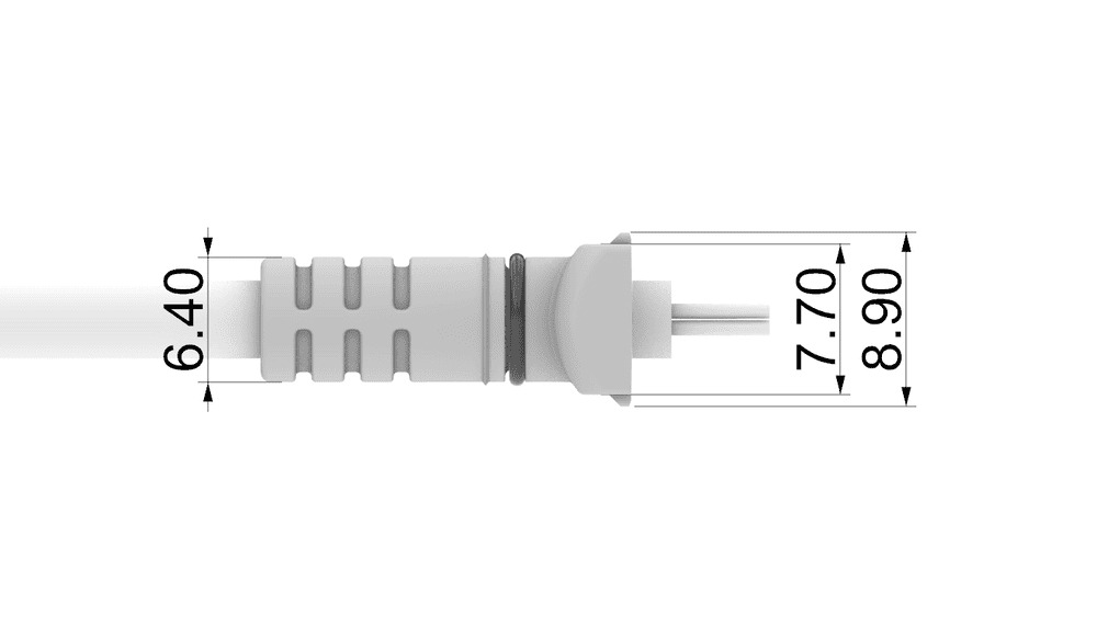 케이블 단선 방지 몰딩 양산 치수 가이드. 6.40mm, 7.70mm, 8.90mm 너비를 명시한 무광 화이트 CMF 마감의 기구설계 측면 렌더링.