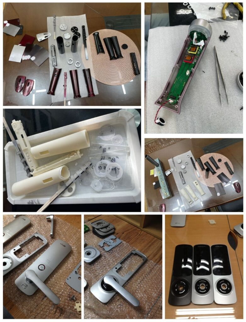 디자인회사 프로세스 - 실제 워킹되는 홈케어 디바이스 제작 과정. 하드웨어 부품 실장 및 조립 간섭을 체크하며 CMF 조형 컨셉을 검증하는 위디자인의 체계적인 시제품 제작 단계.