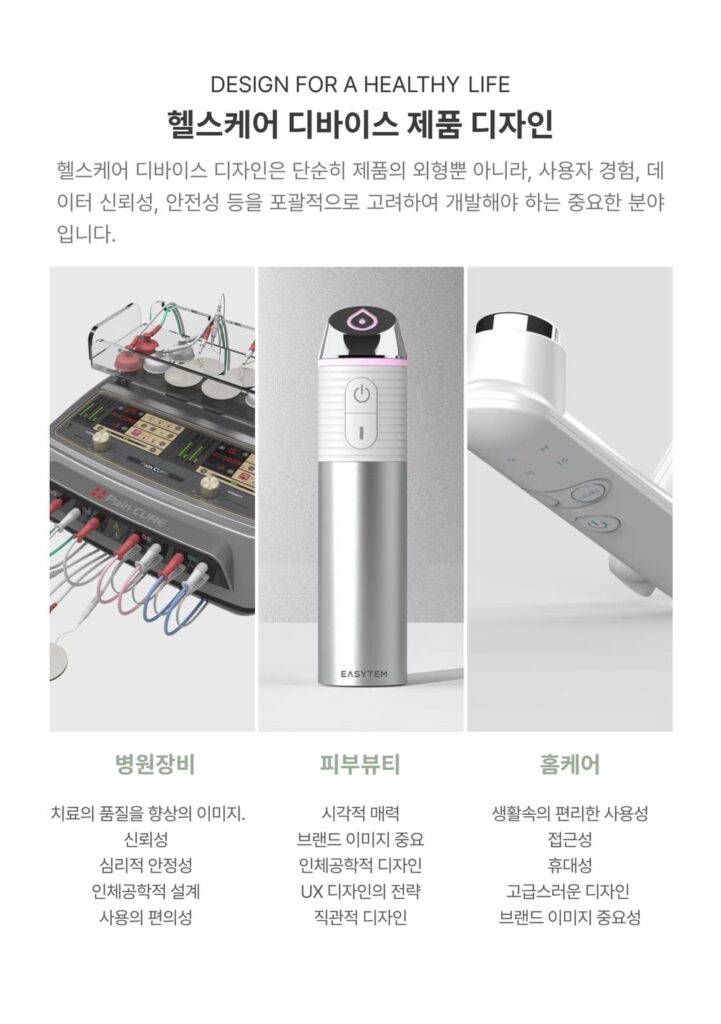 헬스케어 디바이스 제품 디자인의 3가지 핵심 분야인 병원장비, 피부뷰티, 홈케어 기기를 보여주는 위디자인 포트폴리오