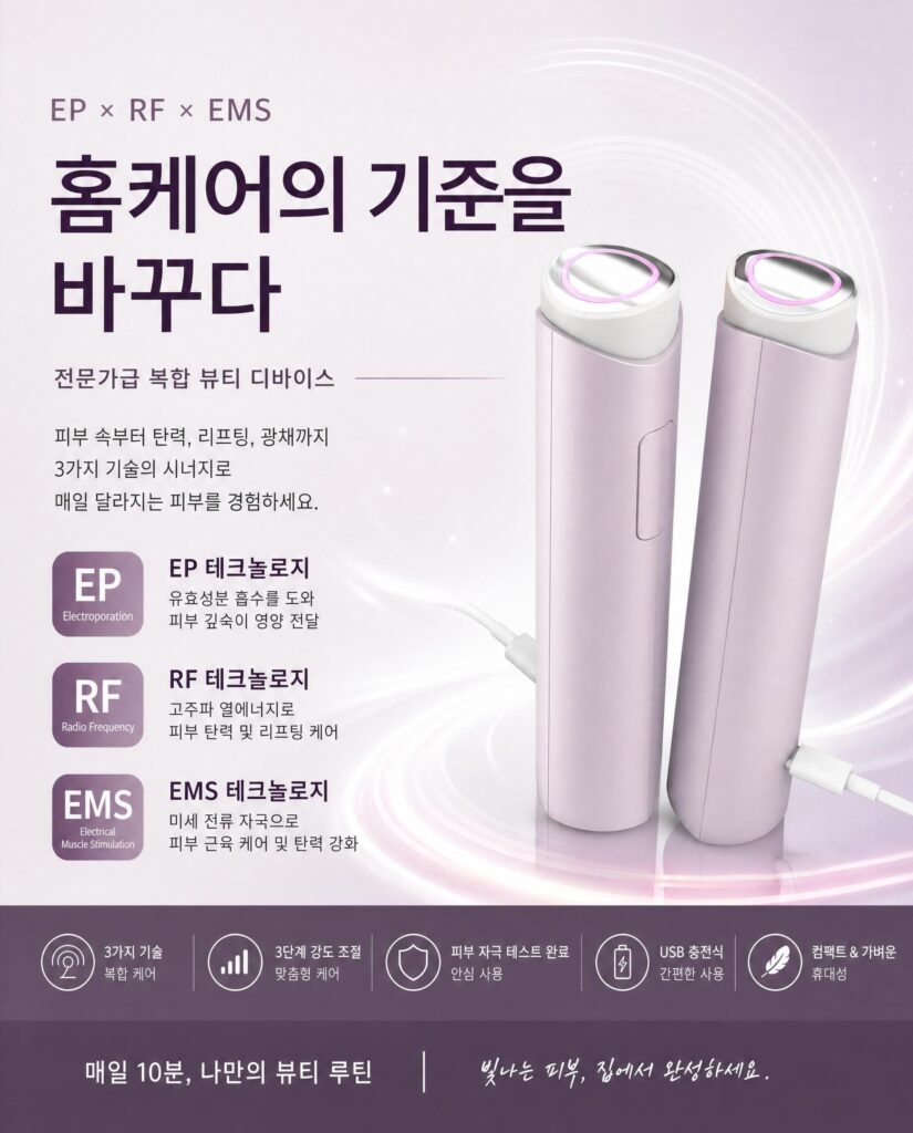 프리미엄 홈케어 뷰티 디바이스 디자인 에스테온의 EP, RF, EMS 핵심 기능을 설명하는 인포그래픽 포스터.