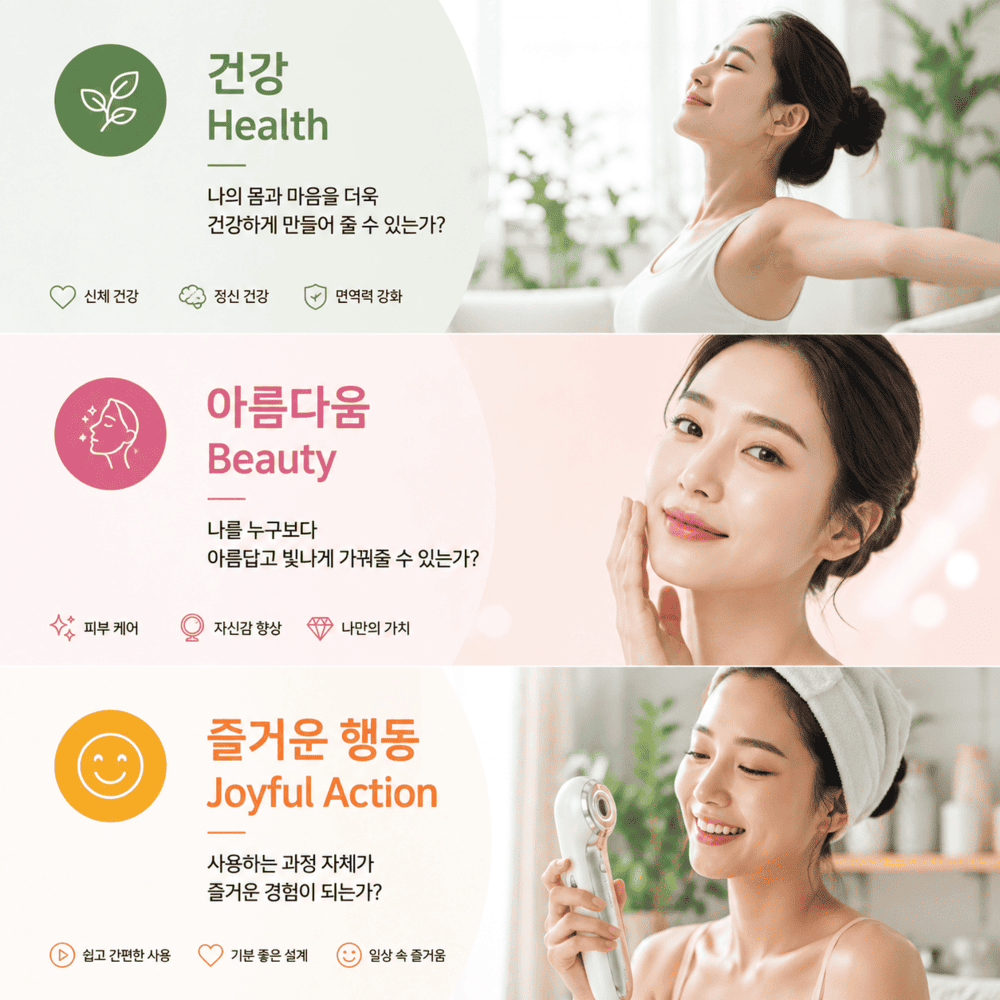 제품디자인 전문회사 위디자인이 제안하는 2026년 디자인 핵심 가치 인포그래픽. 건강, 아름다움, 즐거운 행동을 주제로 한 여성의 라이프스타일 이미지와 깔끔한 아이콘으로 구성된 현대적인 디자인 컨셉.